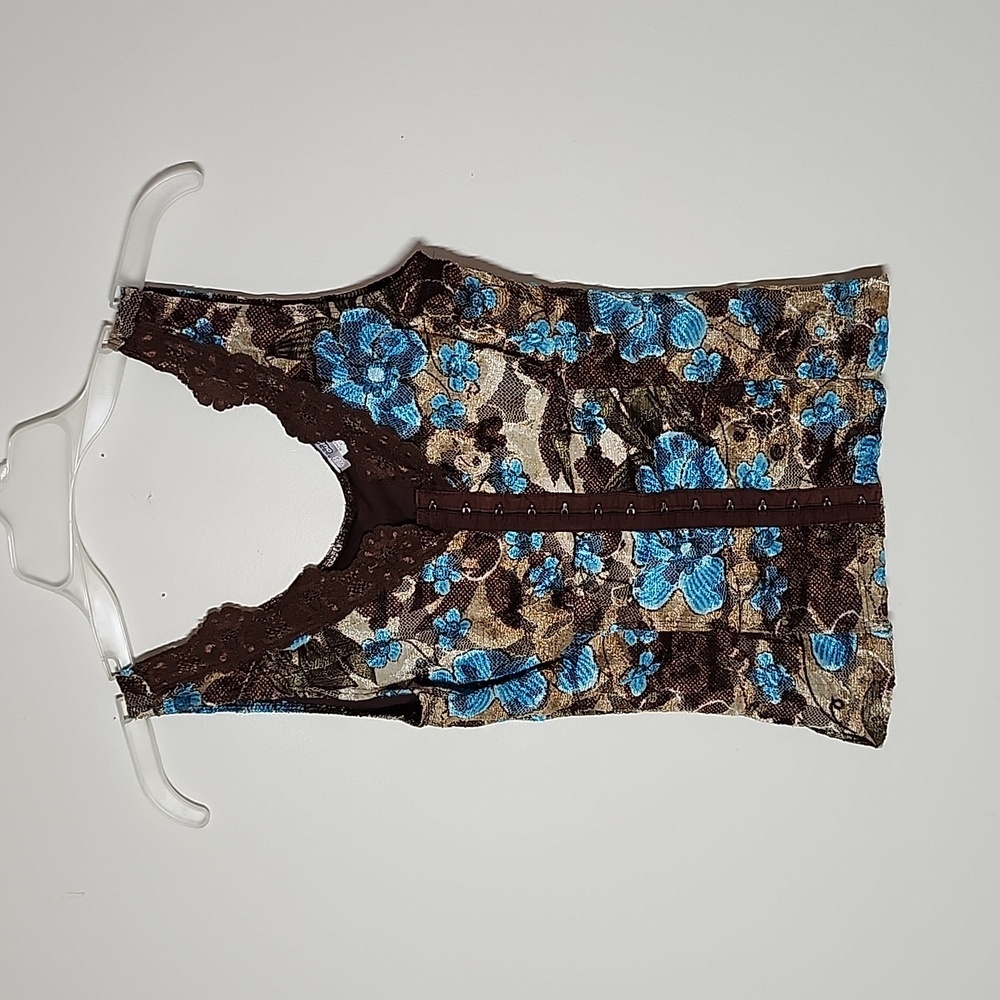 Outlooks Y2K Lace Corset Tank Top Deep V Brown Teal Hook Eye Closures